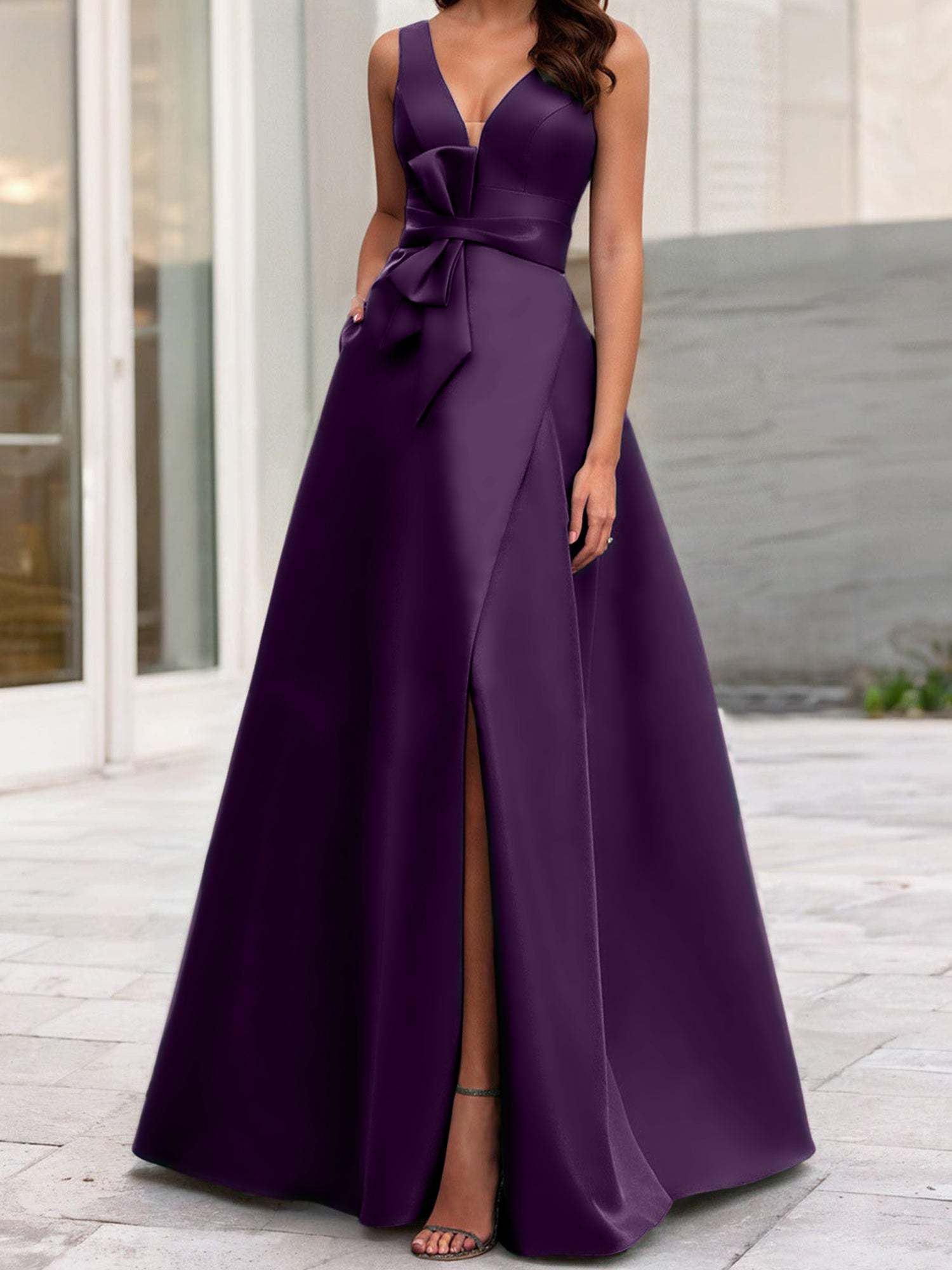V-Neck Sleeveless A-Line Princess Mother Of The Bride Dress With Side Split