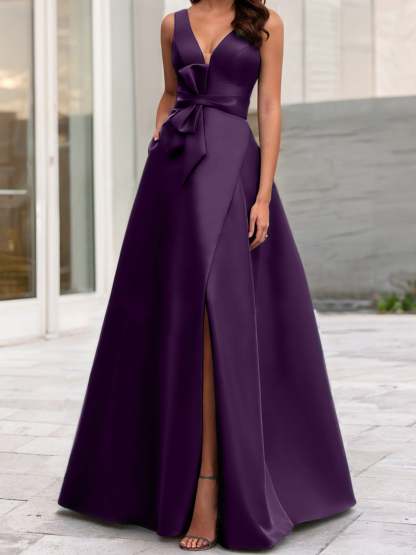 V-Neck Sleeveless A-Line Princess Mother Of The Bride Dress With Side Split