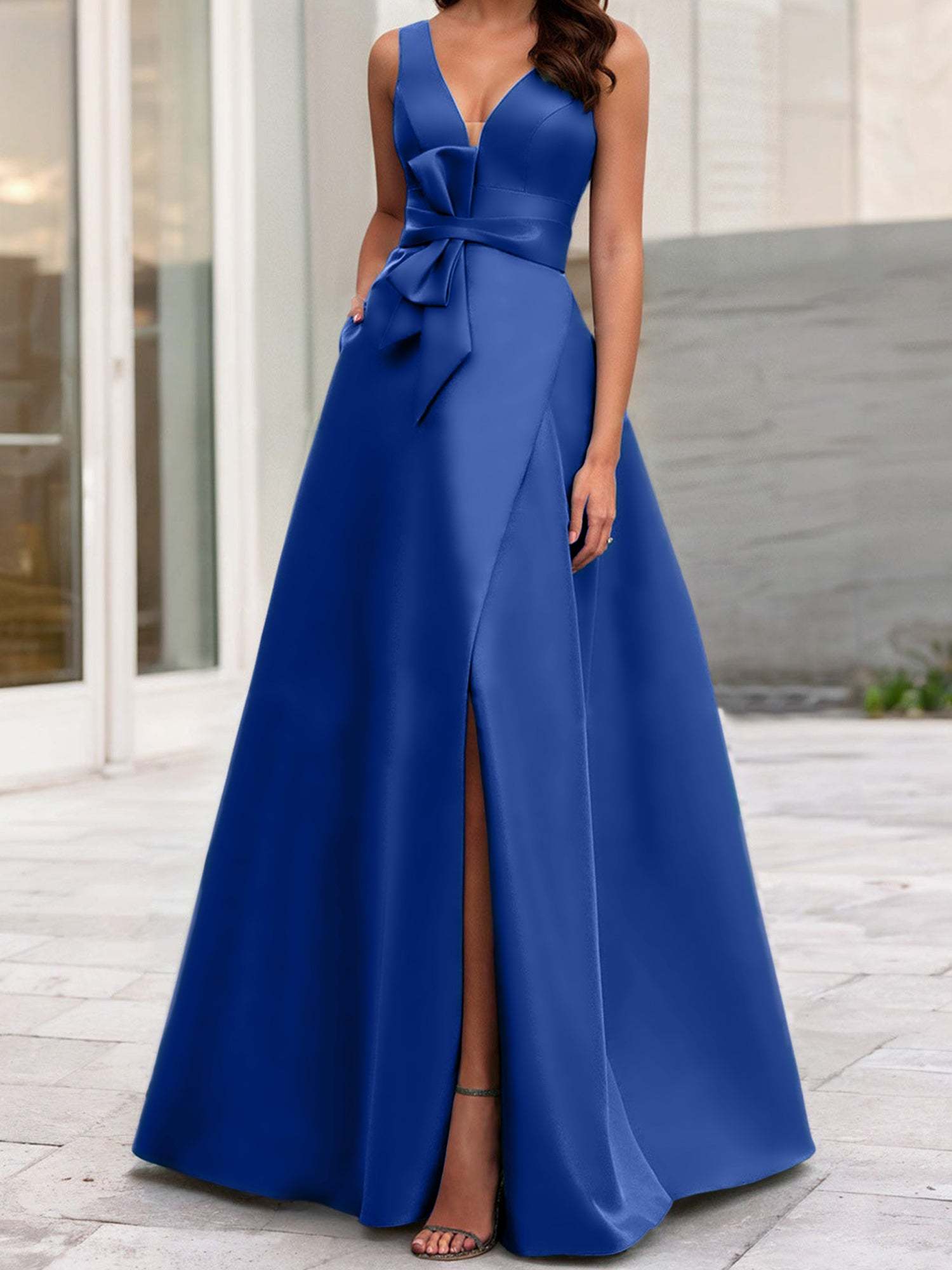 V-Neck Sleeveless A-Line Princess Mother Of The Bride Dress With Side Split
