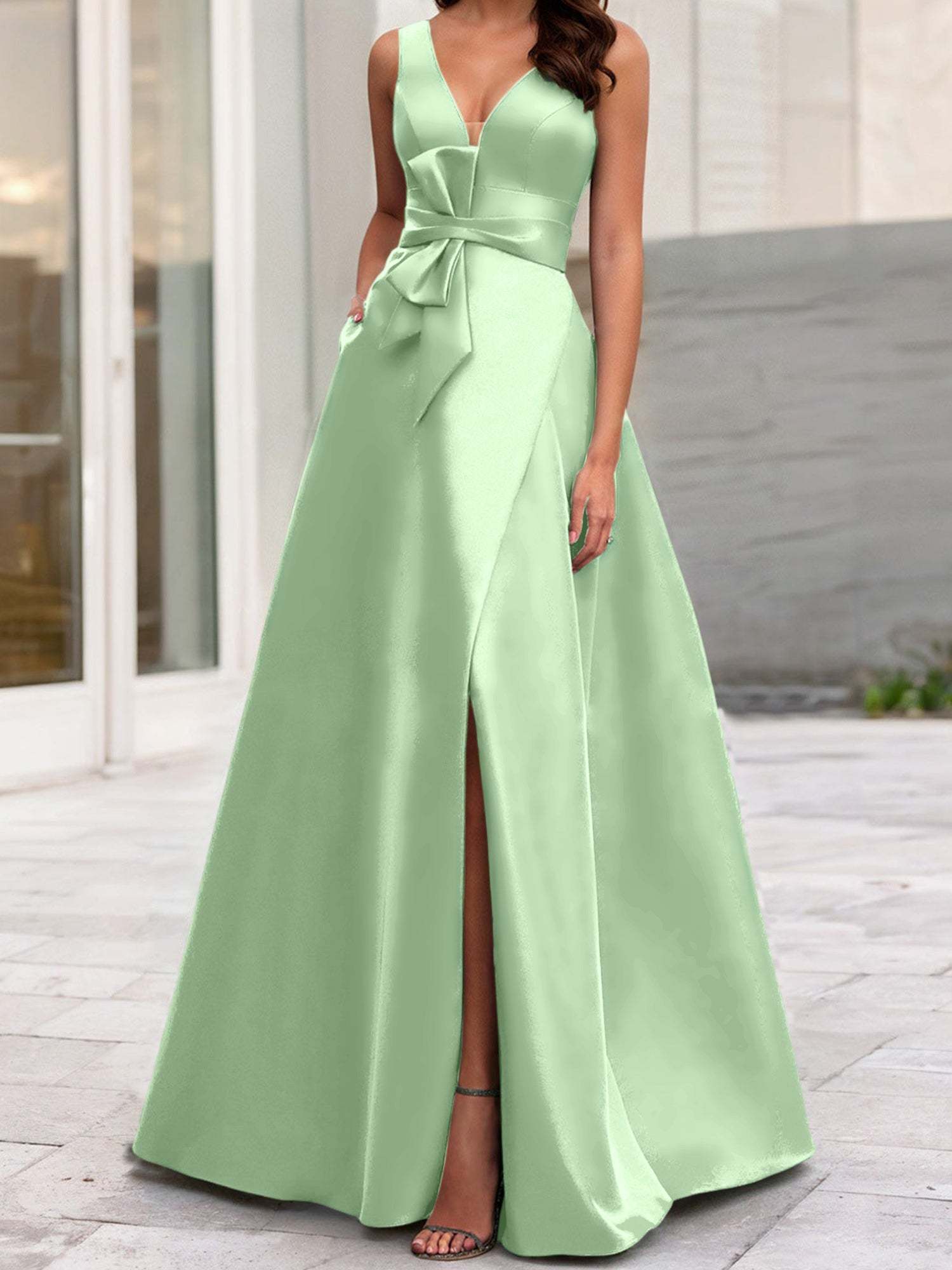 V-Neck Sleeveless A-Line Princess Mother Of The Bride Dress With Side Split