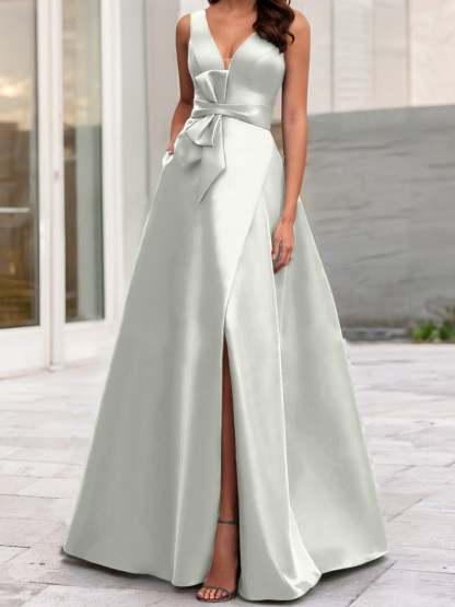 V-Neck Sleeveless A-Line Princess Mother Of The Bride Dress With Side Split