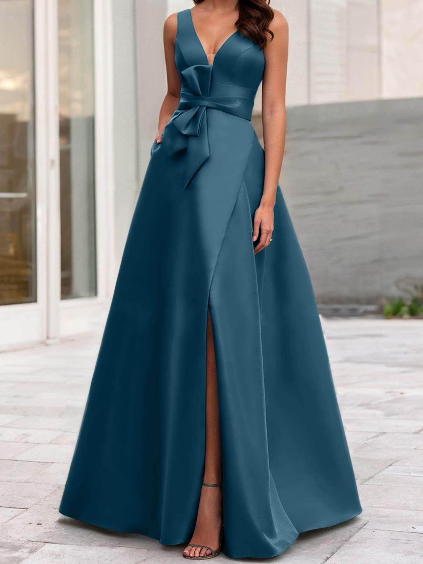 V-Neck Sleeveless A-Line Princess Mother Of The Bride Dress With Side Split