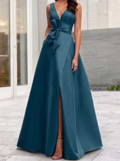 V-Neck Sleeveless A-Line Princess Mother Of The Bride Dress With Side Split