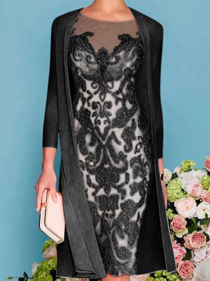 Long-Sleeve Knee-Length Sheath/Column Mother of the Bride Dress with Lace Beading Appliques