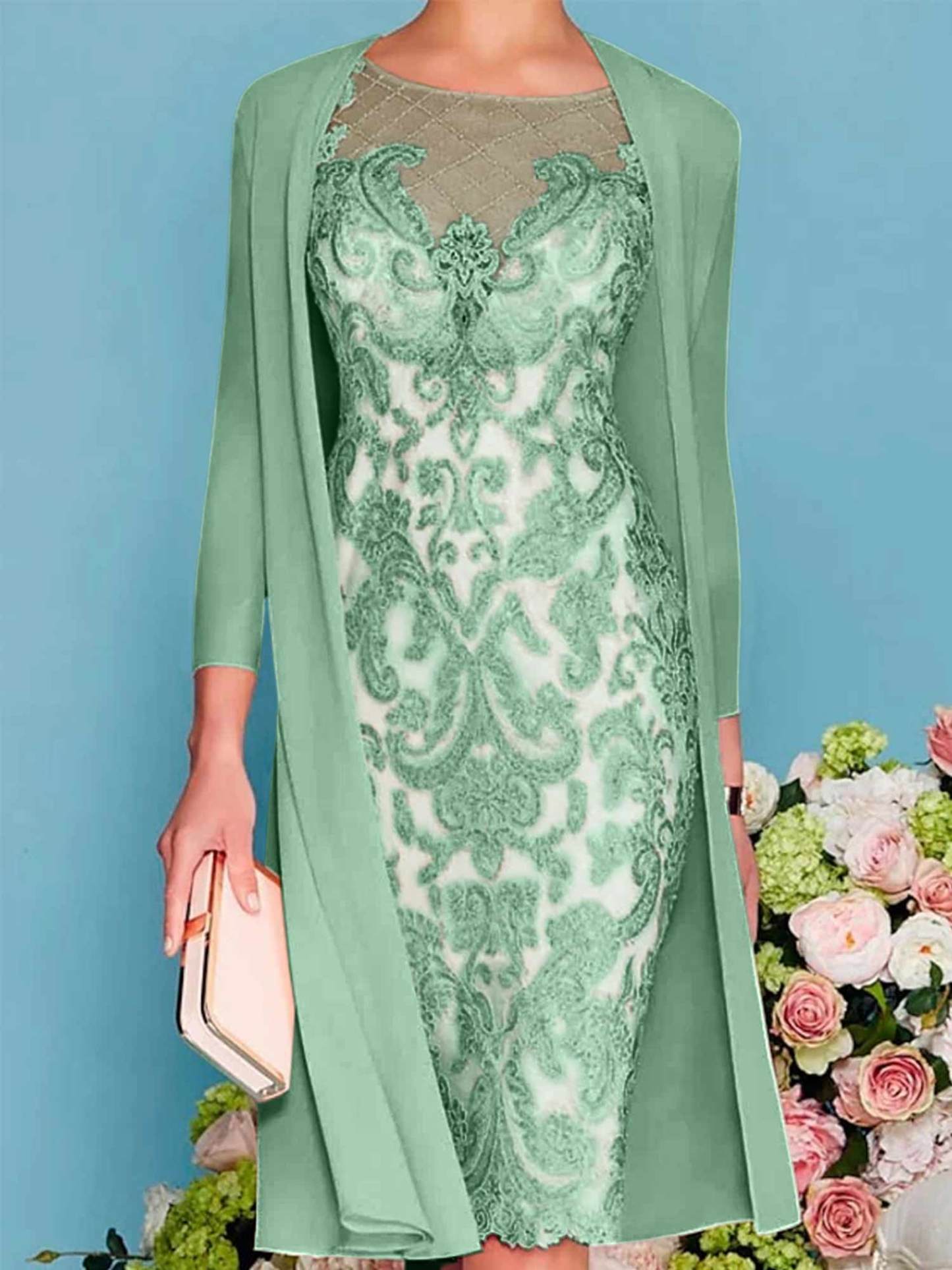Long-Sleeve Knee-Length Sheath/Column Mother of the Bride Dress with Lace Beading Appliques