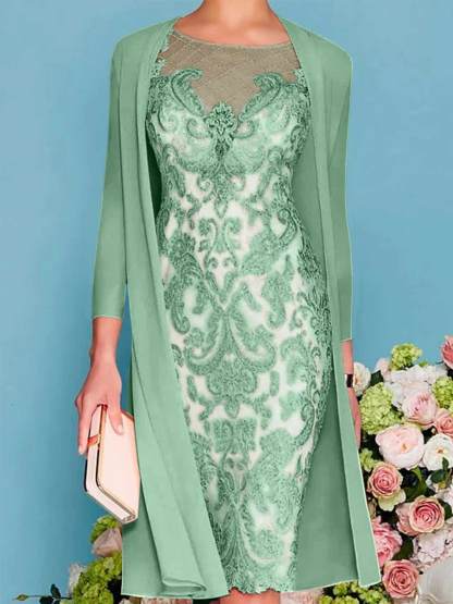 Long-Sleeve Knee-Length Sheath/Column Mother of the Bride Dress with Lace Beading Appliques
