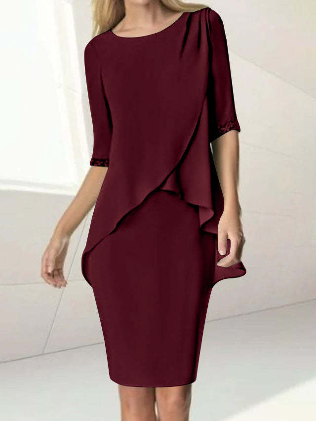 Knee-Length Beaded Sheath Dress with Ruching for the Mother of the Bride