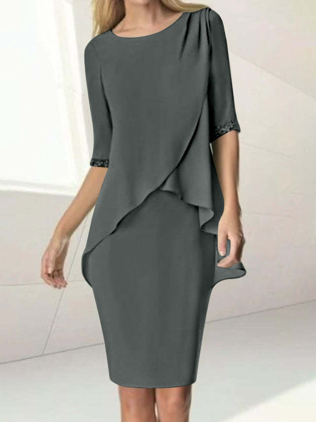 Knee-Length Beaded Sheath Dress with Ruching for the Mother of the Bride