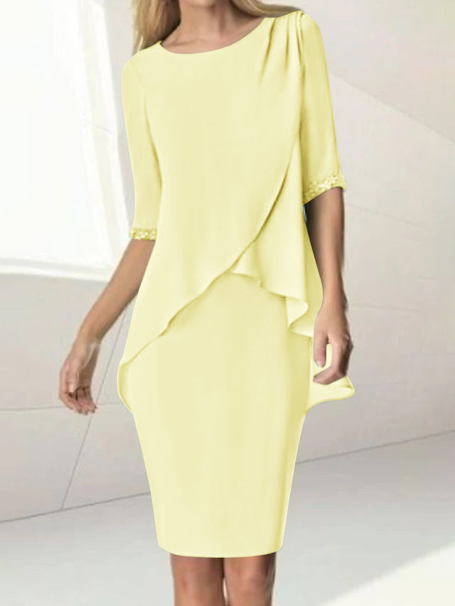 Knee-Length Beaded Sheath Dress with Ruching for the Mother of the Bride