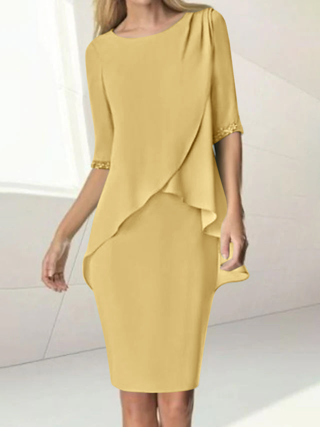 Knee-Length Beaded Sheath Dress with Ruching for the Mother of the Bride