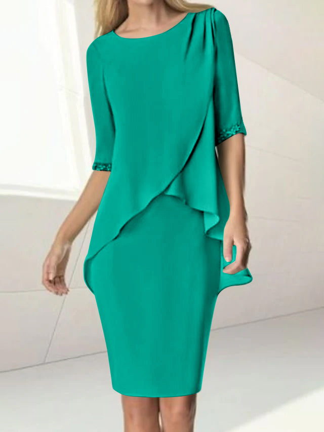Knee-Length Beaded Sheath Dress with Ruching for the Mother of the Bride