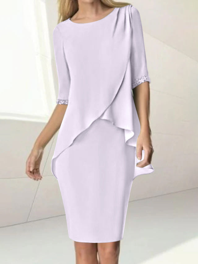 Knee-Length Beaded Sheath Dress with Ruching for the Mother of the Bride