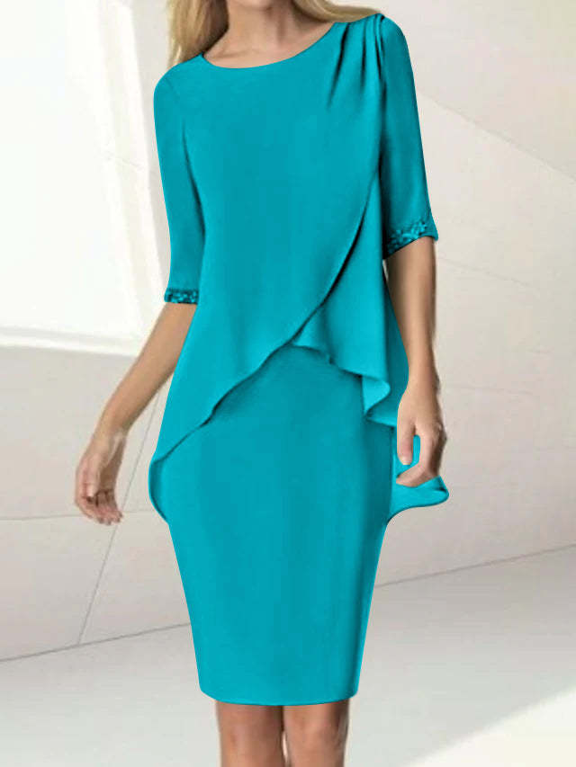 Knee-Length Beaded Sheath Dress with Ruching for the Mother of the Bride