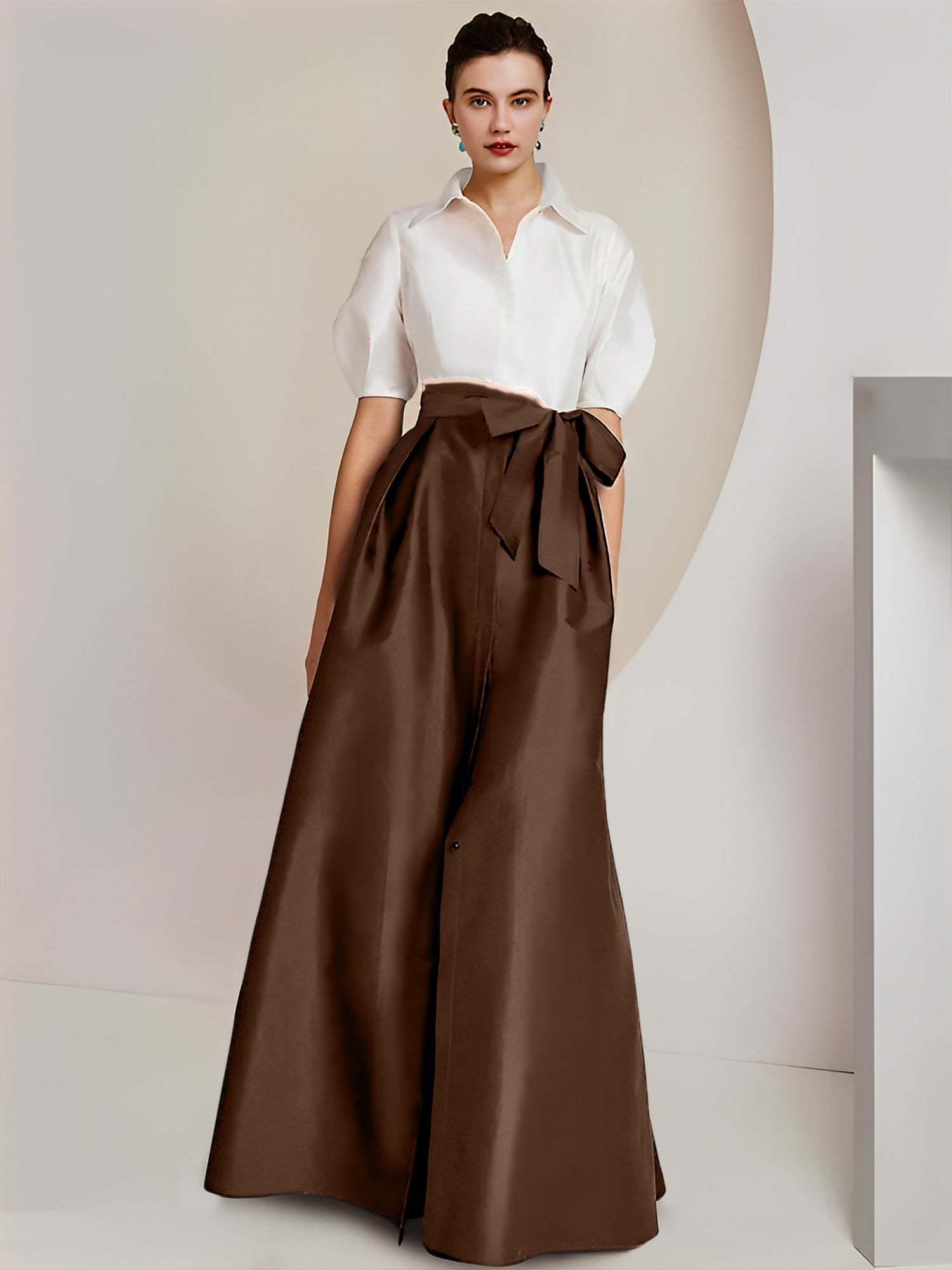 Princess/A-Line Floor-Length 2-Piece Mother of the Bride Dresses with Bowknot and Shirt Collar Short Sleeves