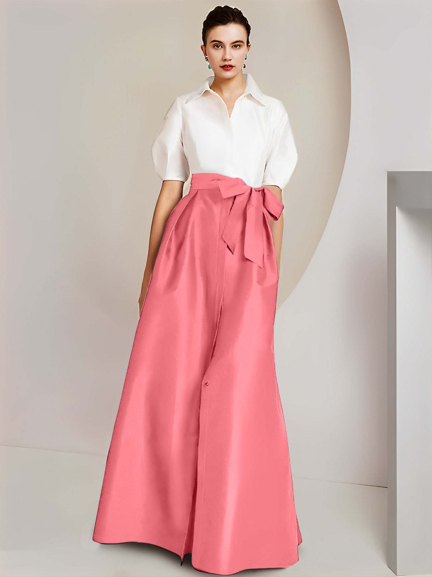 Princess/A-Line Floor-Length 2-Piece Mother of the Bride Dresses with Bowknot and Shirt Collar Short Sleeves