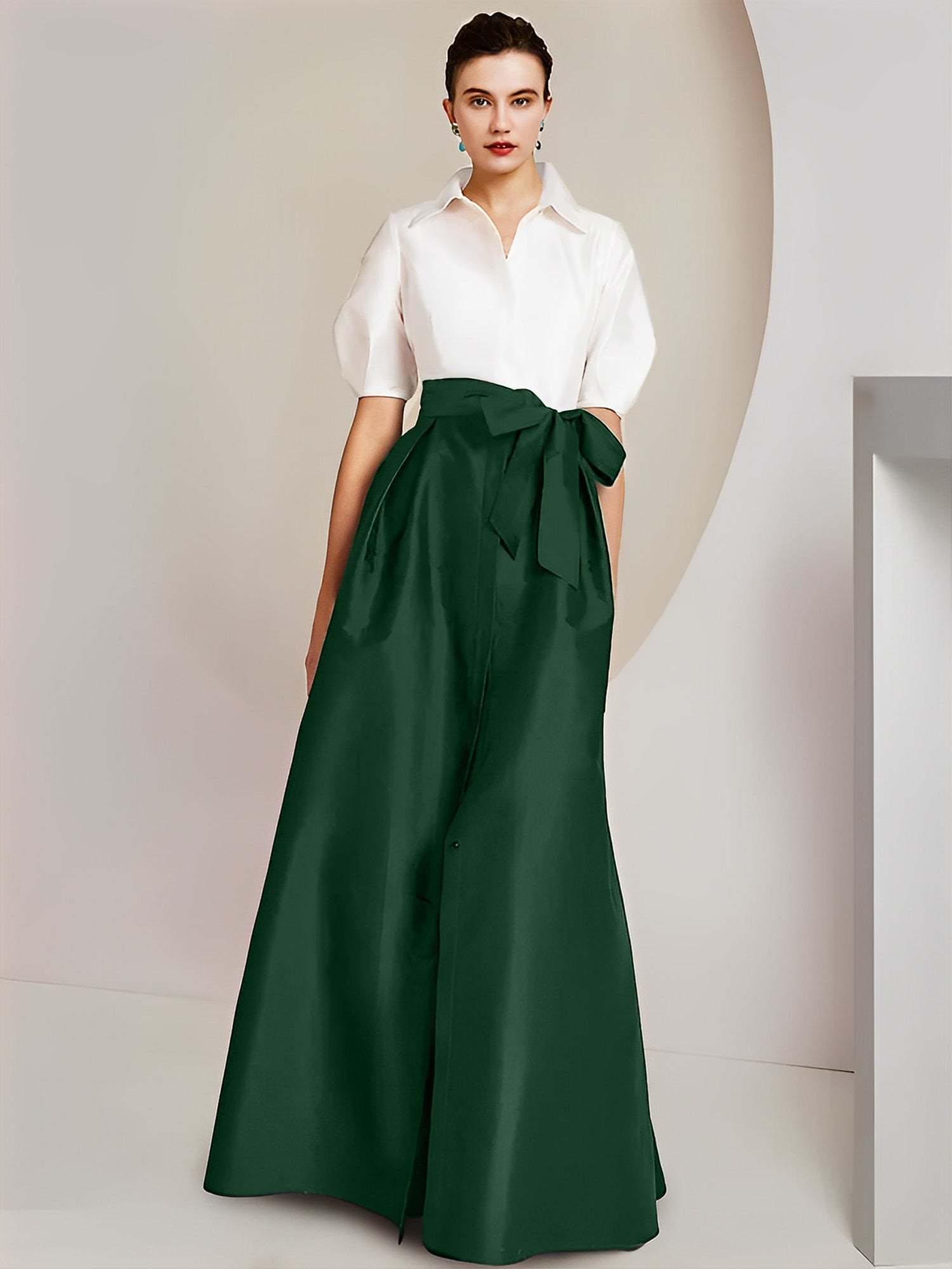 Princess/A-Line Floor-Length 2-Piece Mother of the Bride Dresses with Bowknot and Shirt Collar Short Sleeves