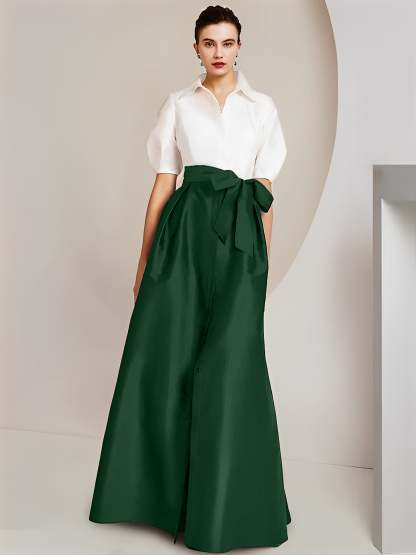 Princess/A-Line Floor-Length 2-Piece Mother of the Bride Dresses with Bowknot and Shirt Collar Short Sleeves