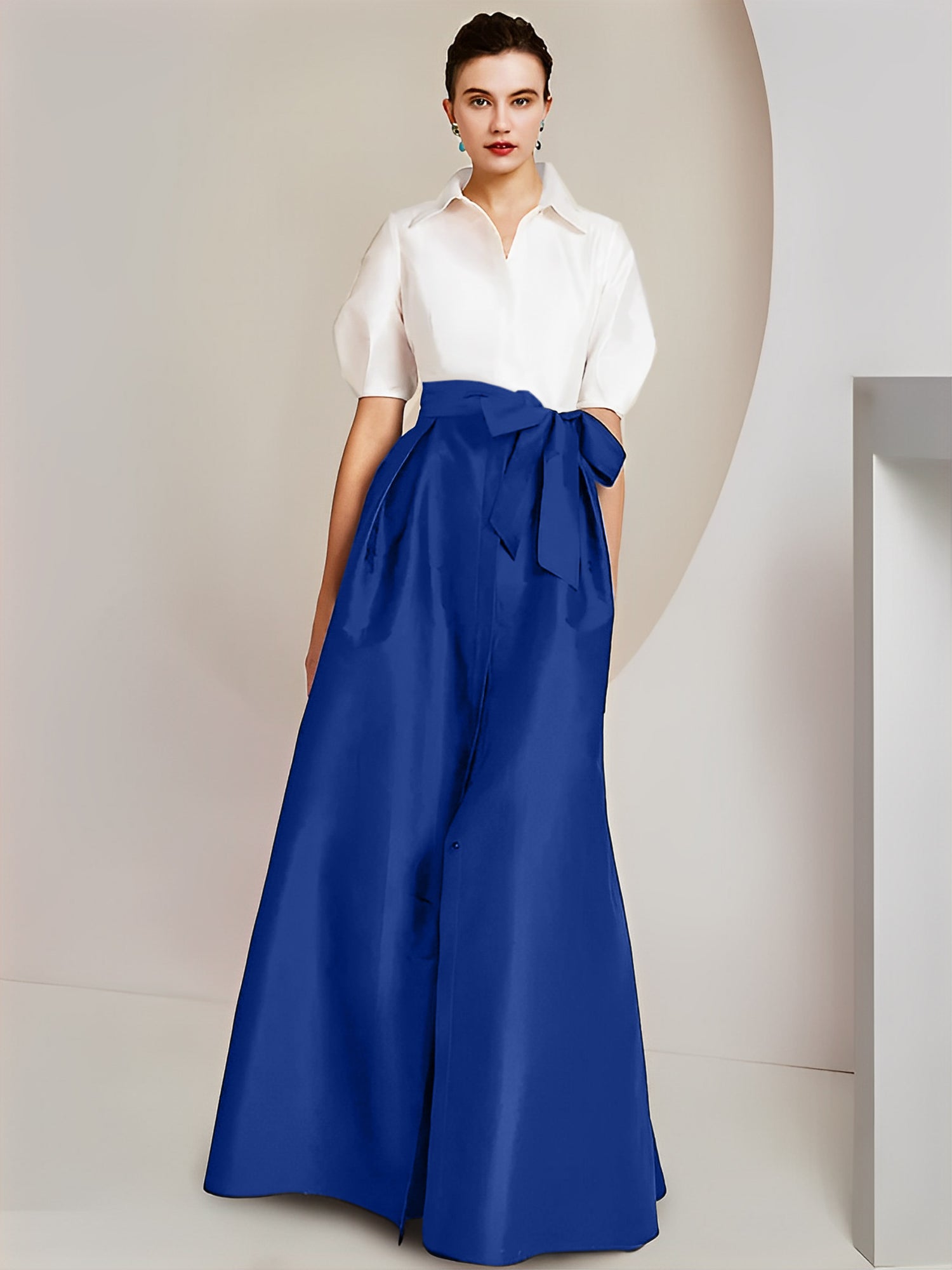 Princess/A-Line Floor-Length 2-Piece Mother of the Bride Dresses with Bowknot and Shirt Collar Short Sleeves
