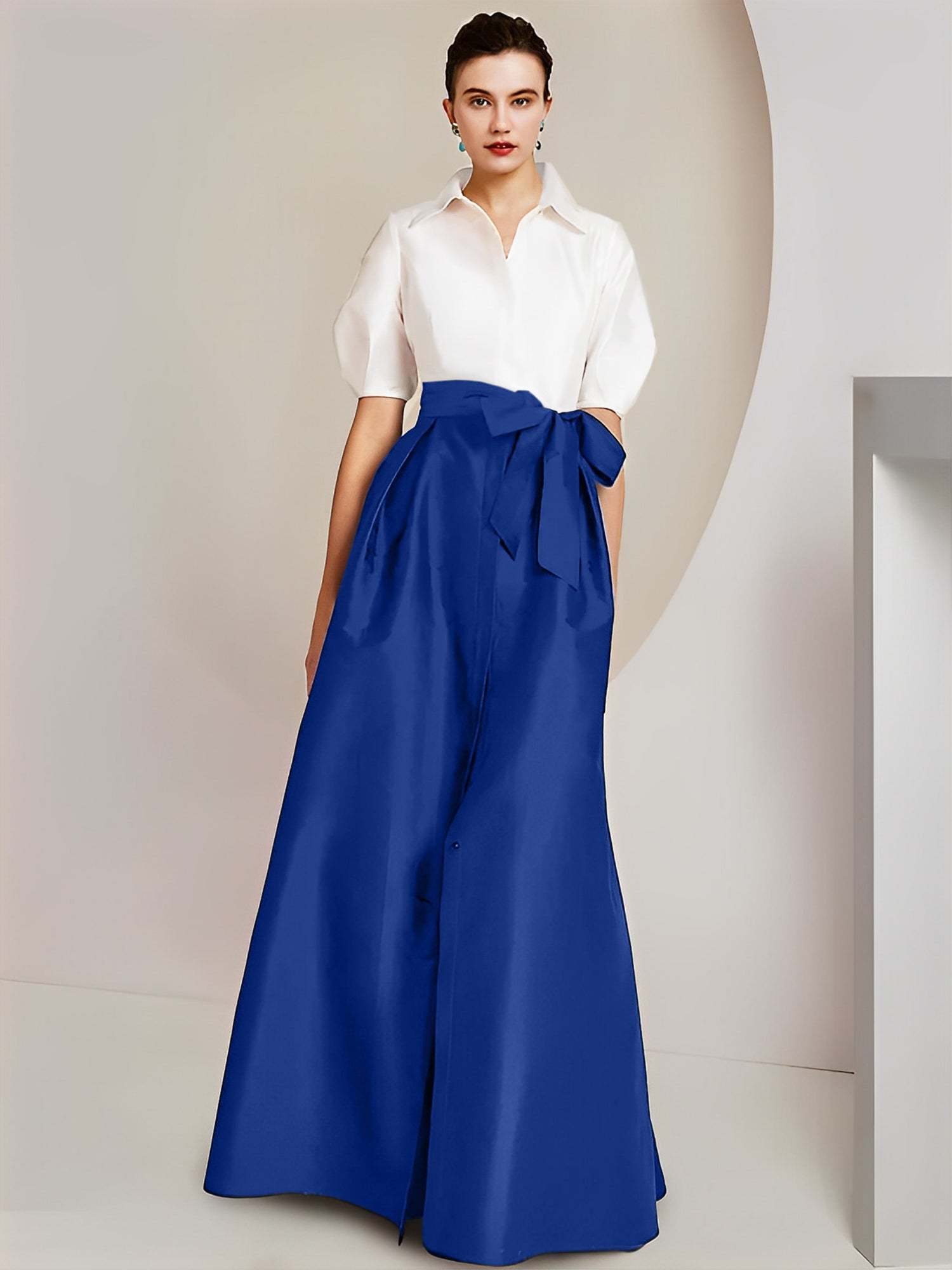 Princess/A-Line Floor-Length 2-Piece Mother of the Bride Dresses with Bowknot and Shirt Collar Short Sleeves