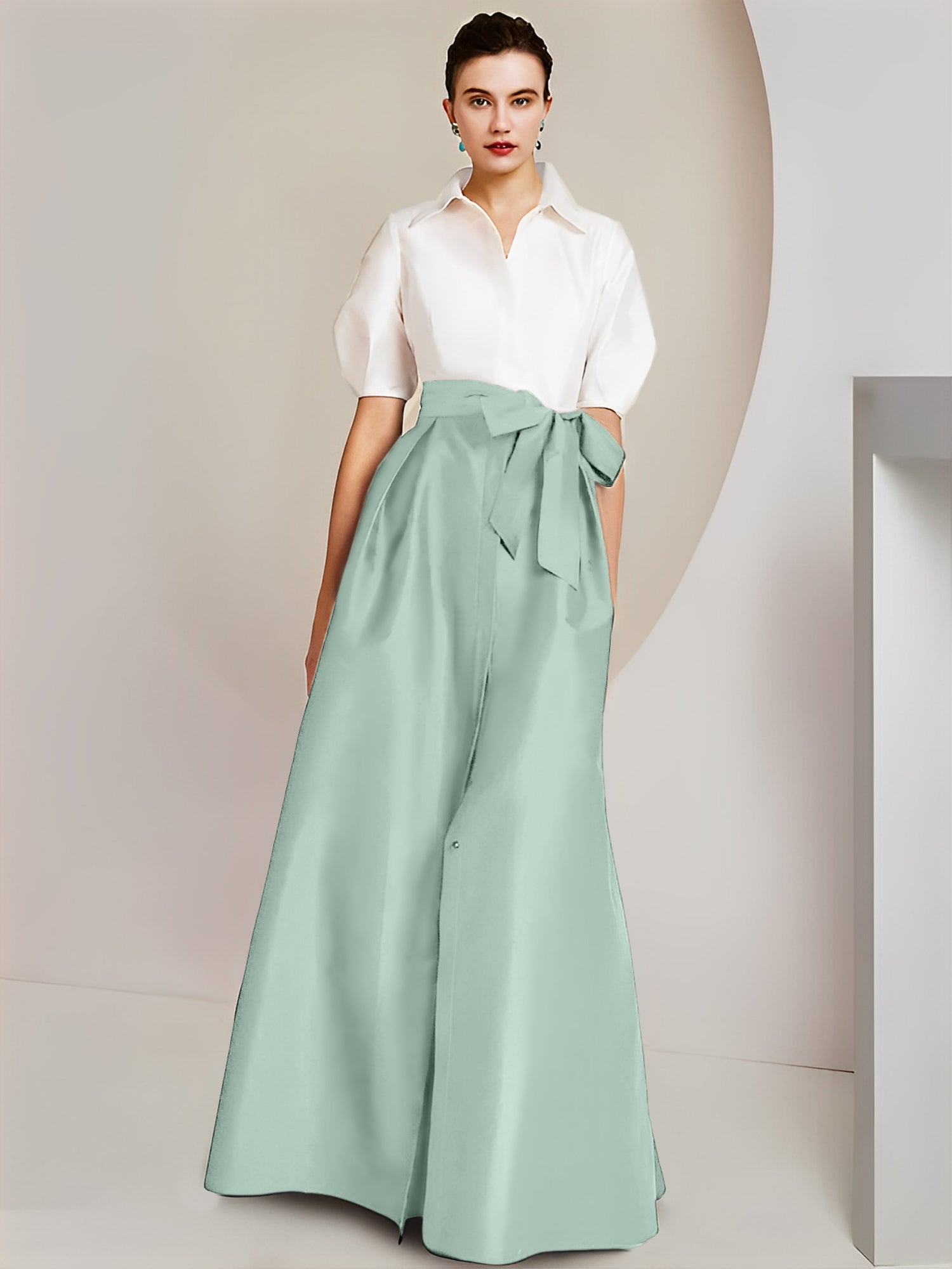 Princess/A-Line Floor-Length 2-Piece Mother of the Bride Dresses with Bowknot and Shirt Collar Short Sleeves