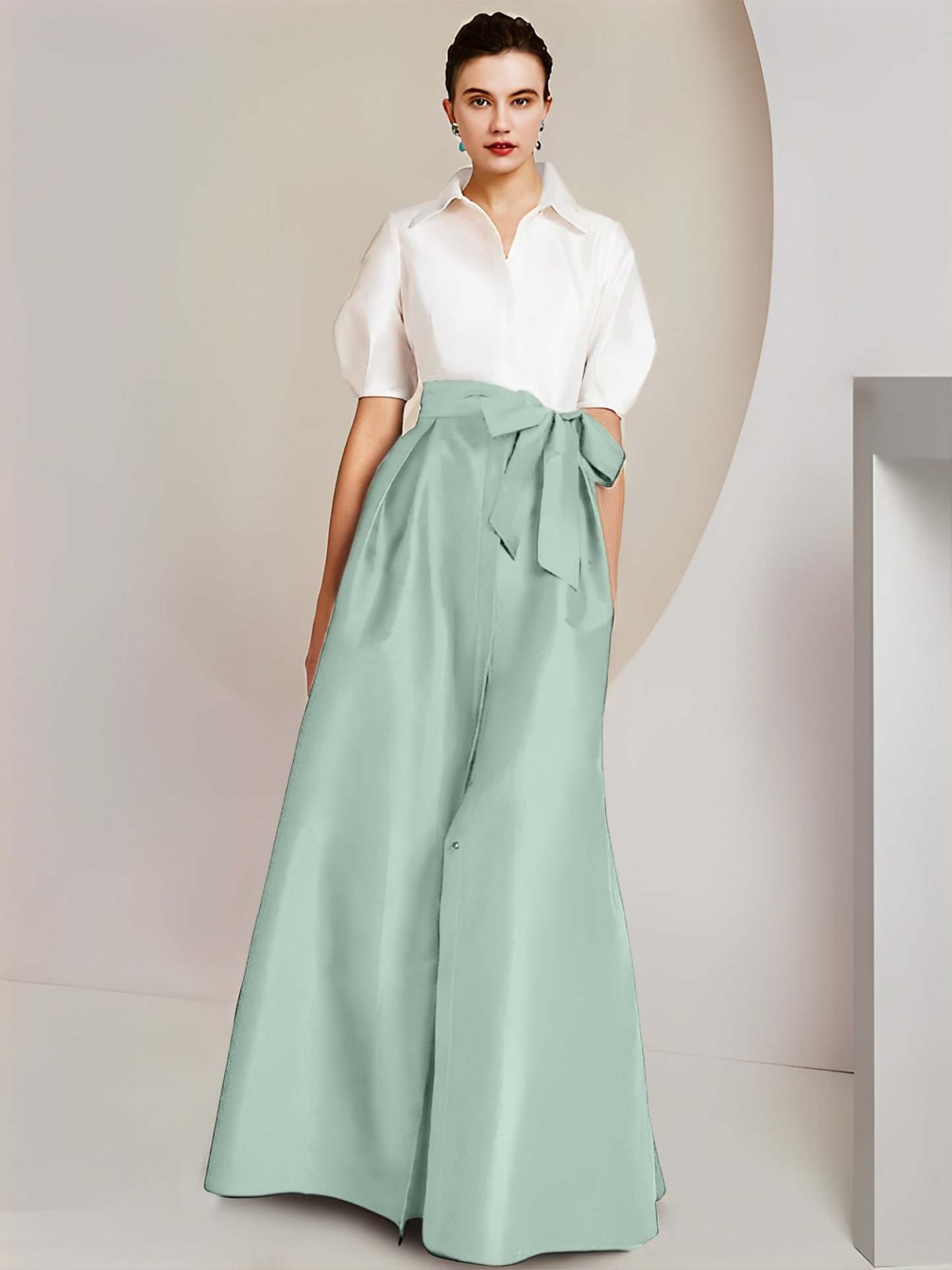 Princess/A-Line Floor-Length 2-Piece Mother of the Bride Dresses with Bowknot and Shirt Collar Short Sleeves