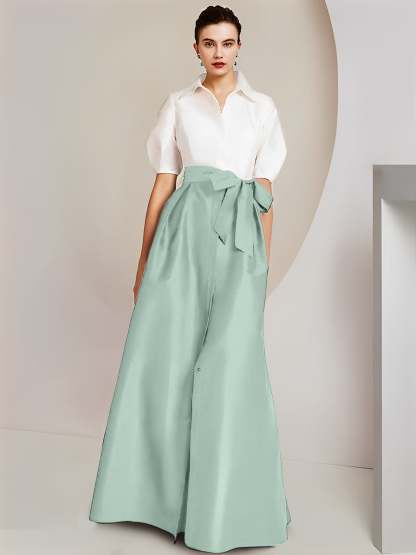 Princess/A-Line Floor-Length 2-Piece Mother of the Bride Dresses with Bowknot and Shirt Collar Short Sleeves