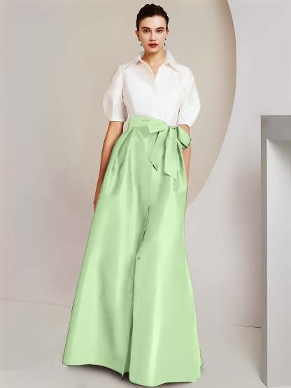 Princess/A-Line Floor-Length 2-Piece Mother of the Bride Dresses with Bowknot and Shirt Collar Short Sleeves