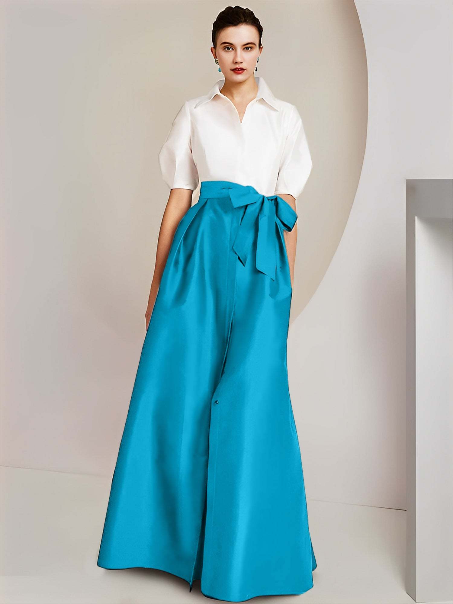 Princess/A-Line Floor-Length 2-Piece Mother of the Bride Dresses with Bowknot and Shirt Collar Short Sleeves