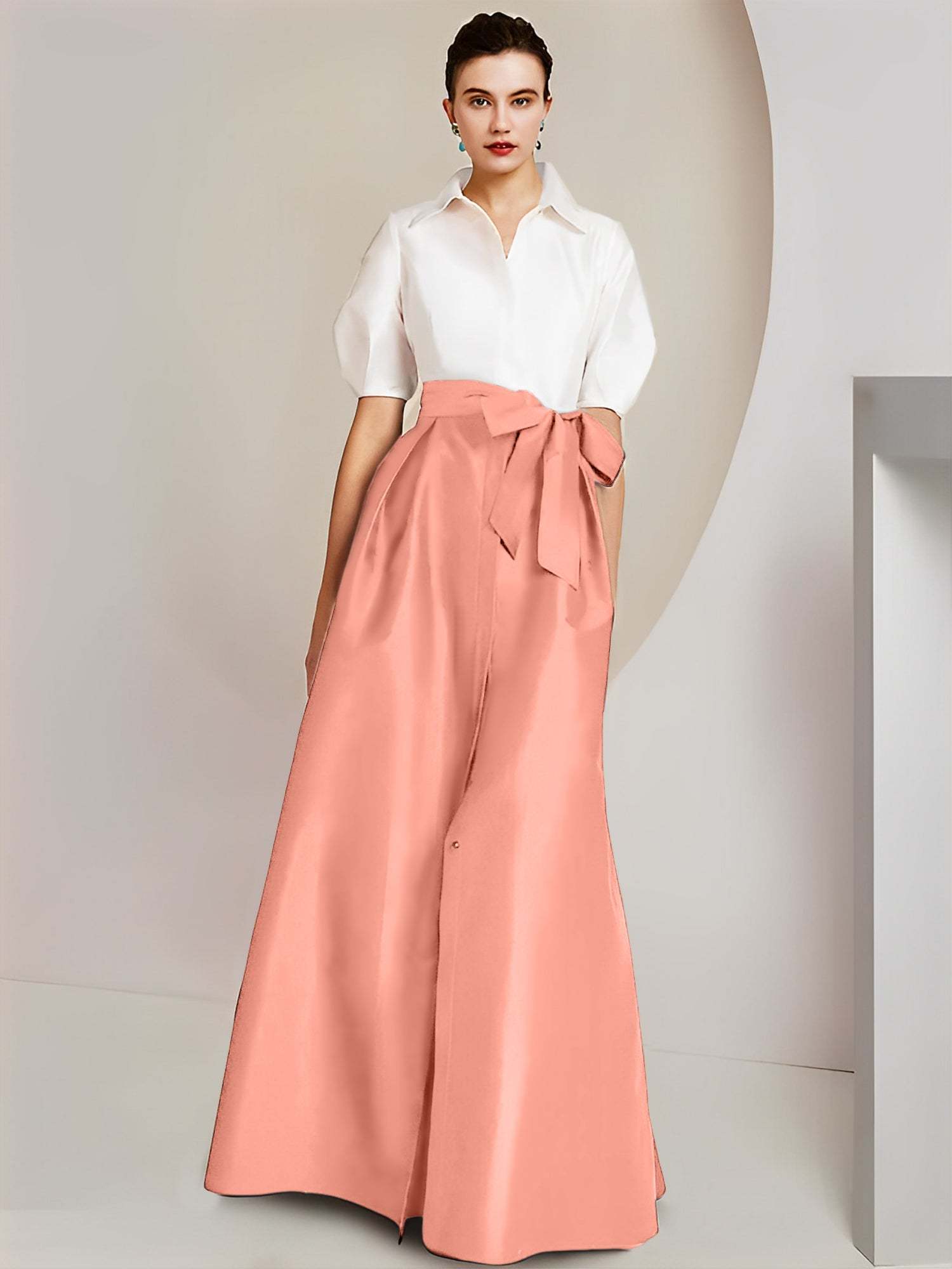Princess/A-Line Floor-Length 2-Piece Mother of the Bride Dresses with Bowknot and Shirt Collar Short Sleeves
