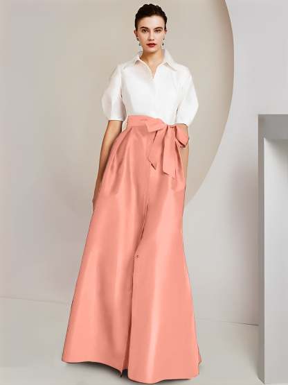 Princess/A-Line Floor-Length 2-Piece Mother of the Bride Dresses with Bowknot and Shirt Collar Short Sleeves