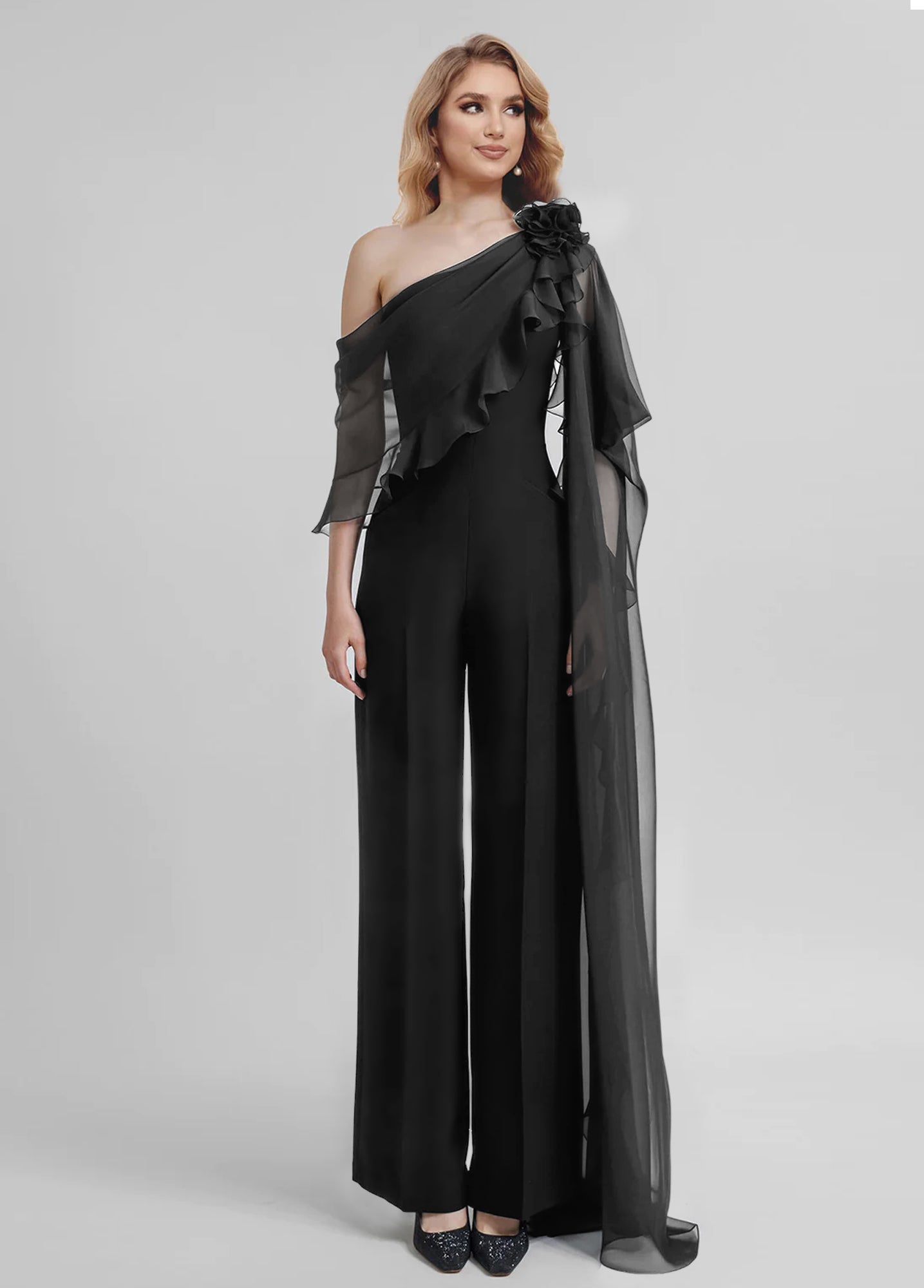 Chiffon One-Shoulder Jumpsuits with Half Sleeves for the Mother of the Bride