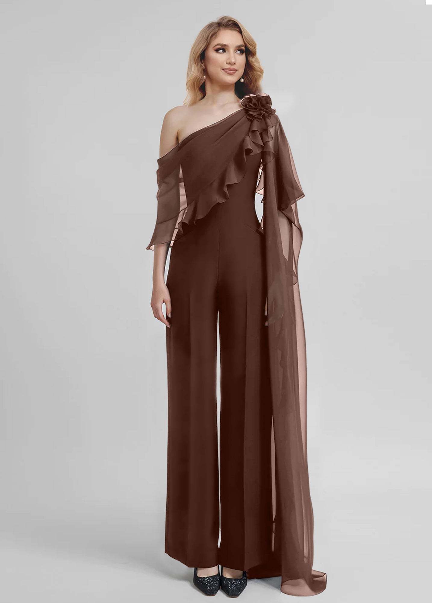 Chiffon One-Shoulder Jumpsuits with Half Sleeves for the Mother of the Bride