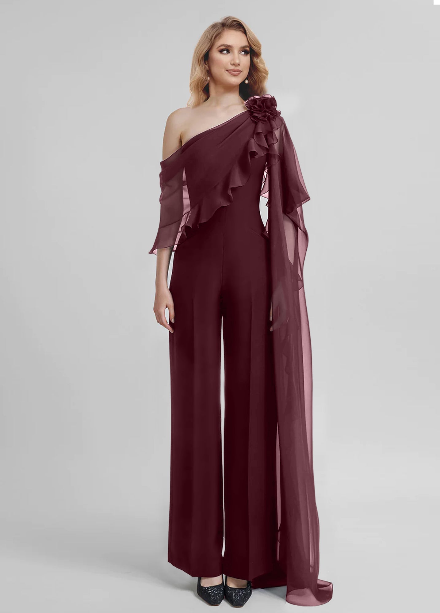 Chiffon One-Shoulder Jumpsuits with Half Sleeves for the Mother of the Bride