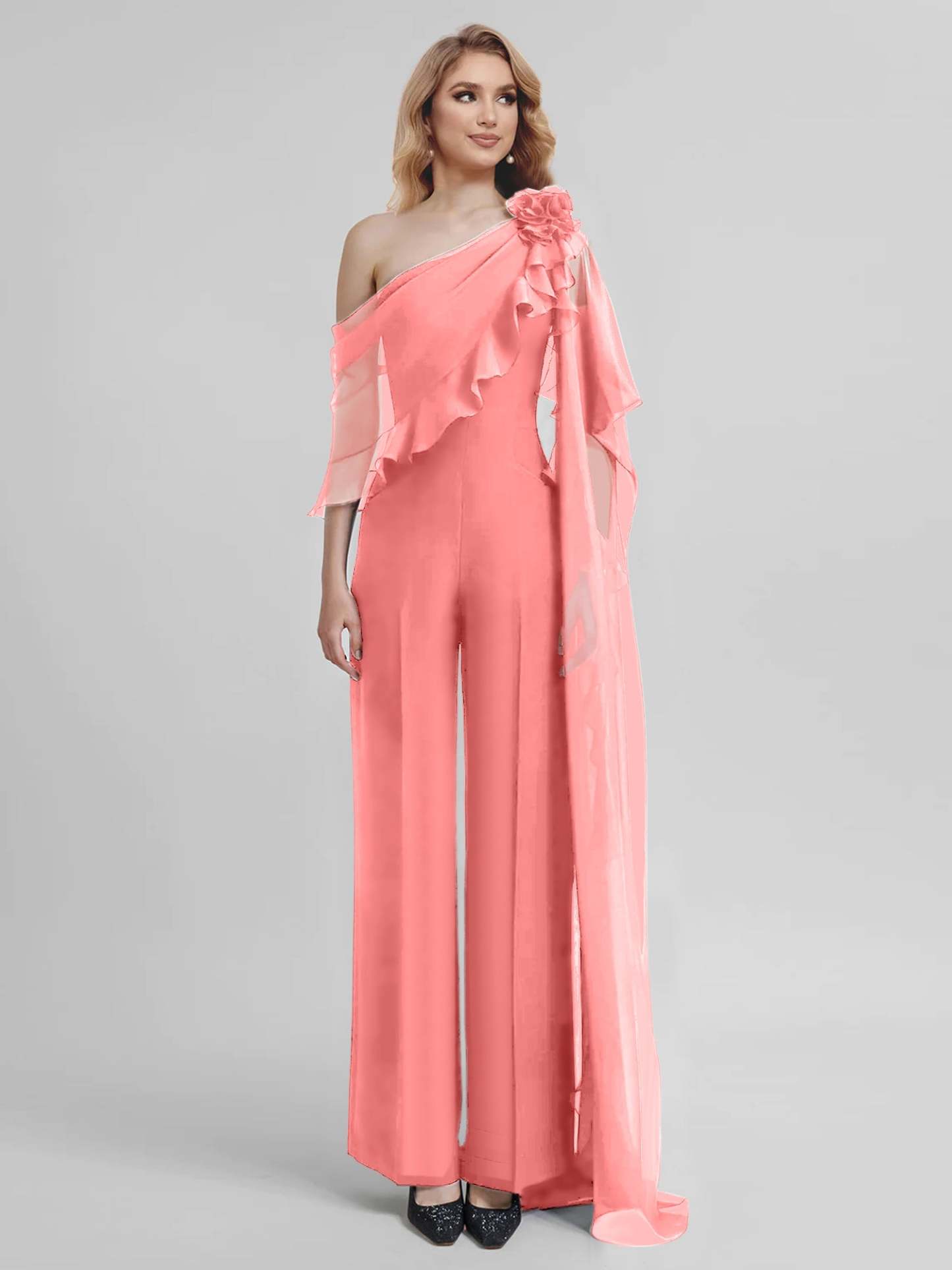 Chiffon One-Shoulder Jumpsuits with Half Sleeves for the Mother of the Bride