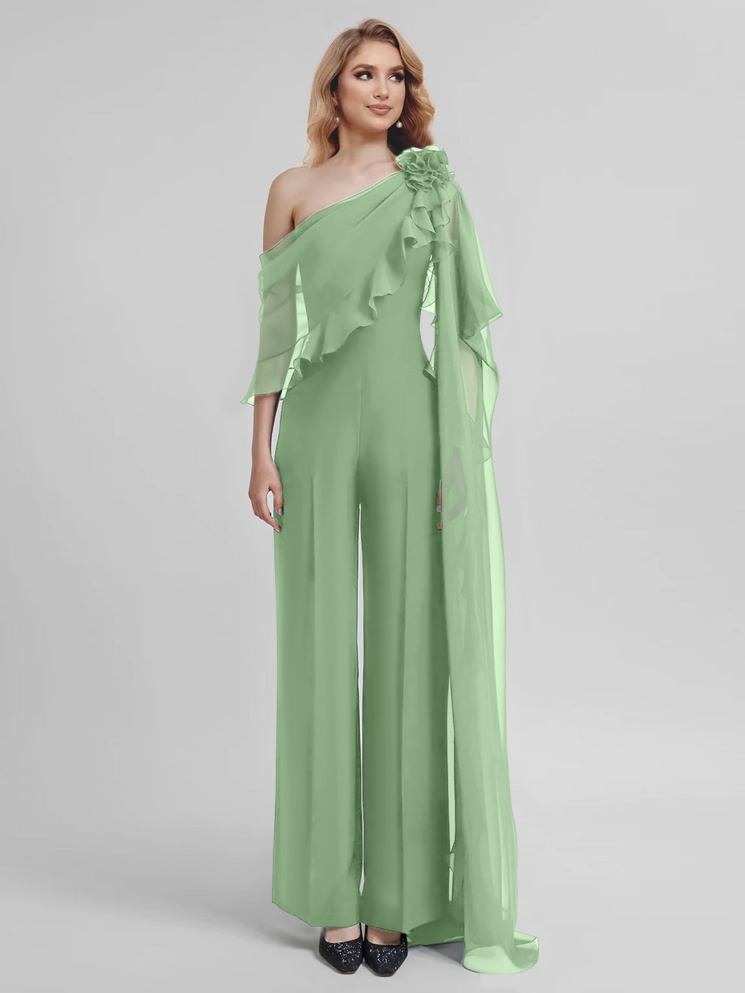 Chiffon One-Shoulder Jumpsuits with Half Sleeves for the Mother of the Bride