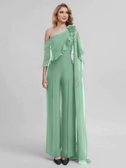 Chiffon One-Shoulder Jumpsuits with Half Sleeves for the Mother of the Bride