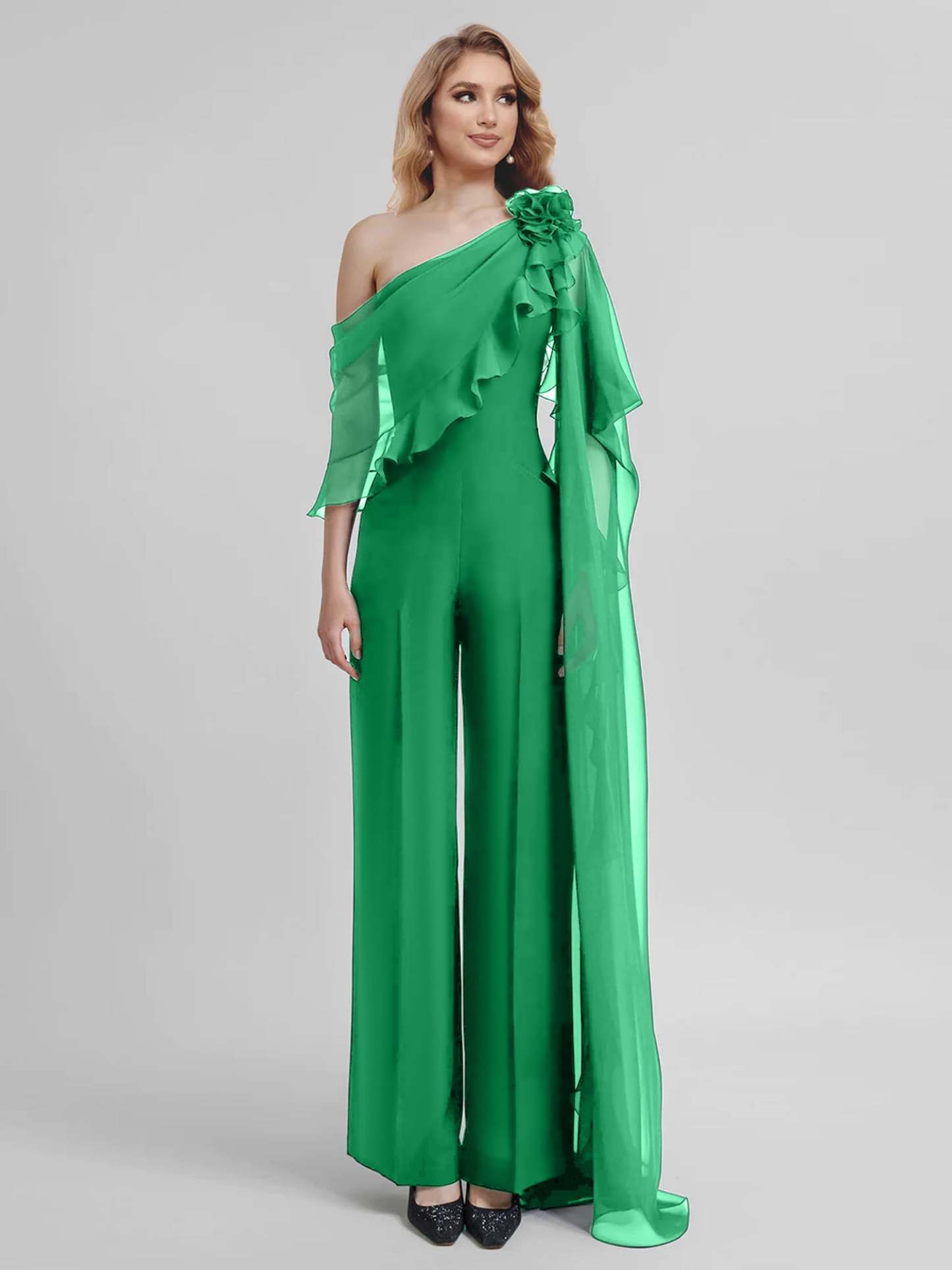 Chiffon One-Shoulder Jumpsuits with Half Sleeves for the Mother of the Bride