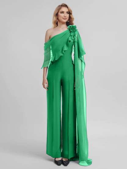 Chiffon One-Shoulder Jumpsuits with Half Sleeves for the Mother of the Bride