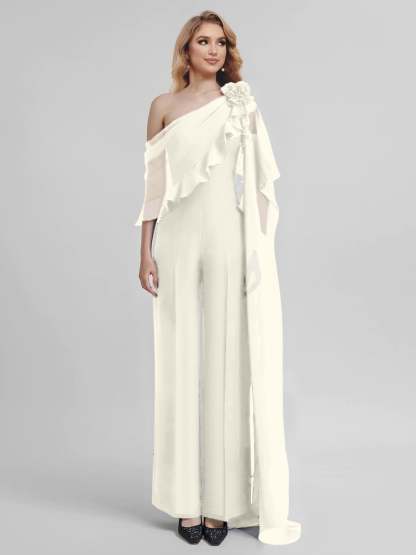 Chiffon One-Shoulder Jumpsuits with Half Sleeves for the Mother of the Bride