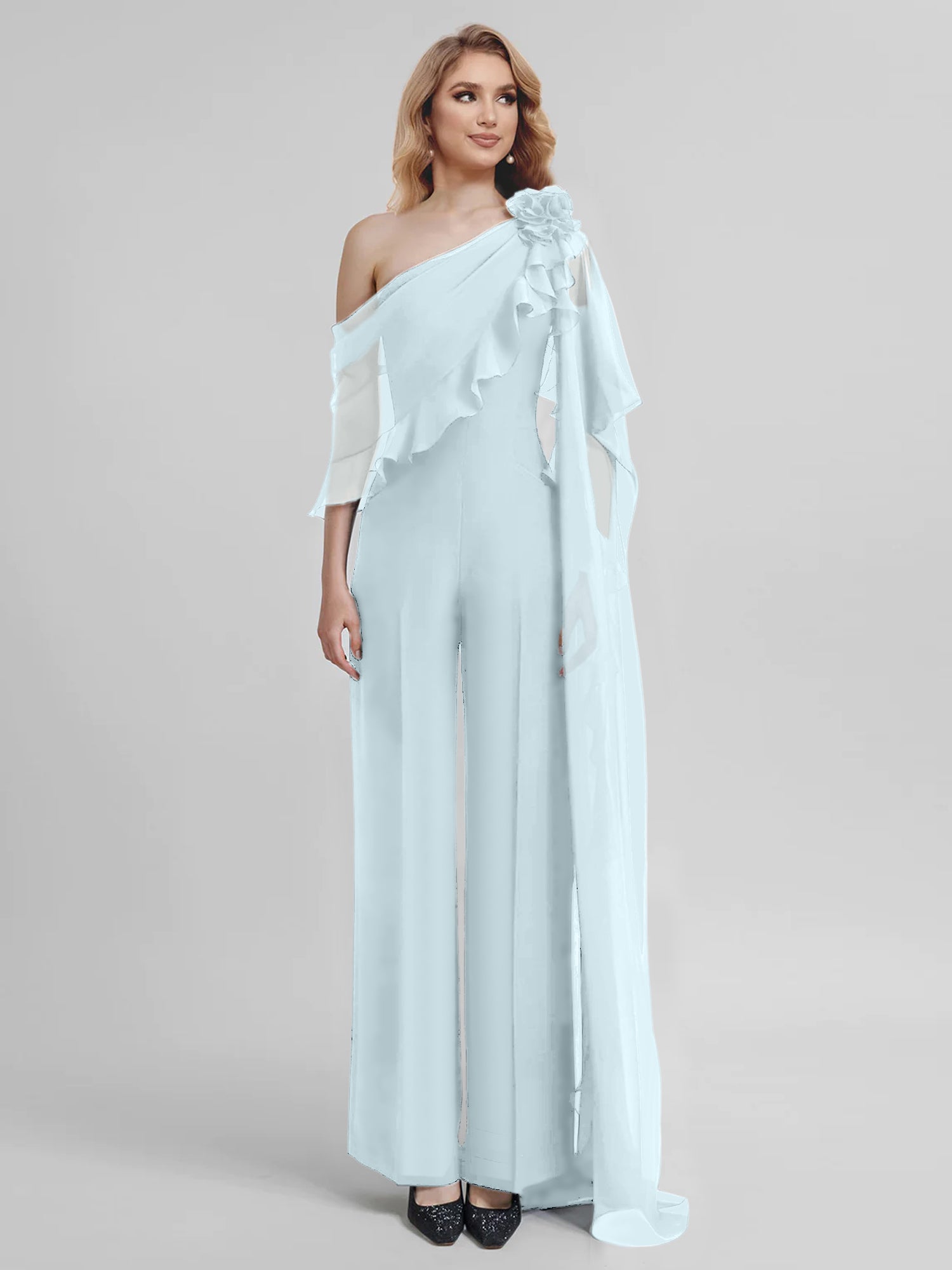 Chiffon One-Shoulder Jumpsuits with Half Sleeves for the Mother of the Bride