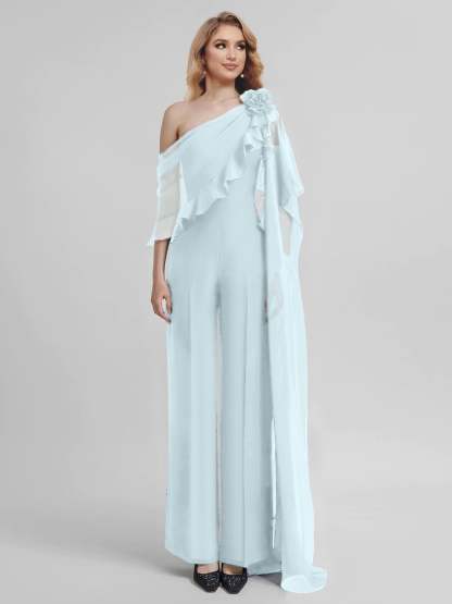 Chiffon One-Shoulder Jumpsuits with Half Sleeves for the Mother of the Bride