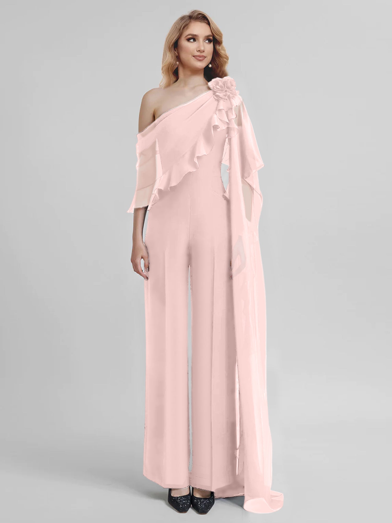Chiffon One-Shoulder Jumpsuits with Half Sleeves for the Mother of the Bride