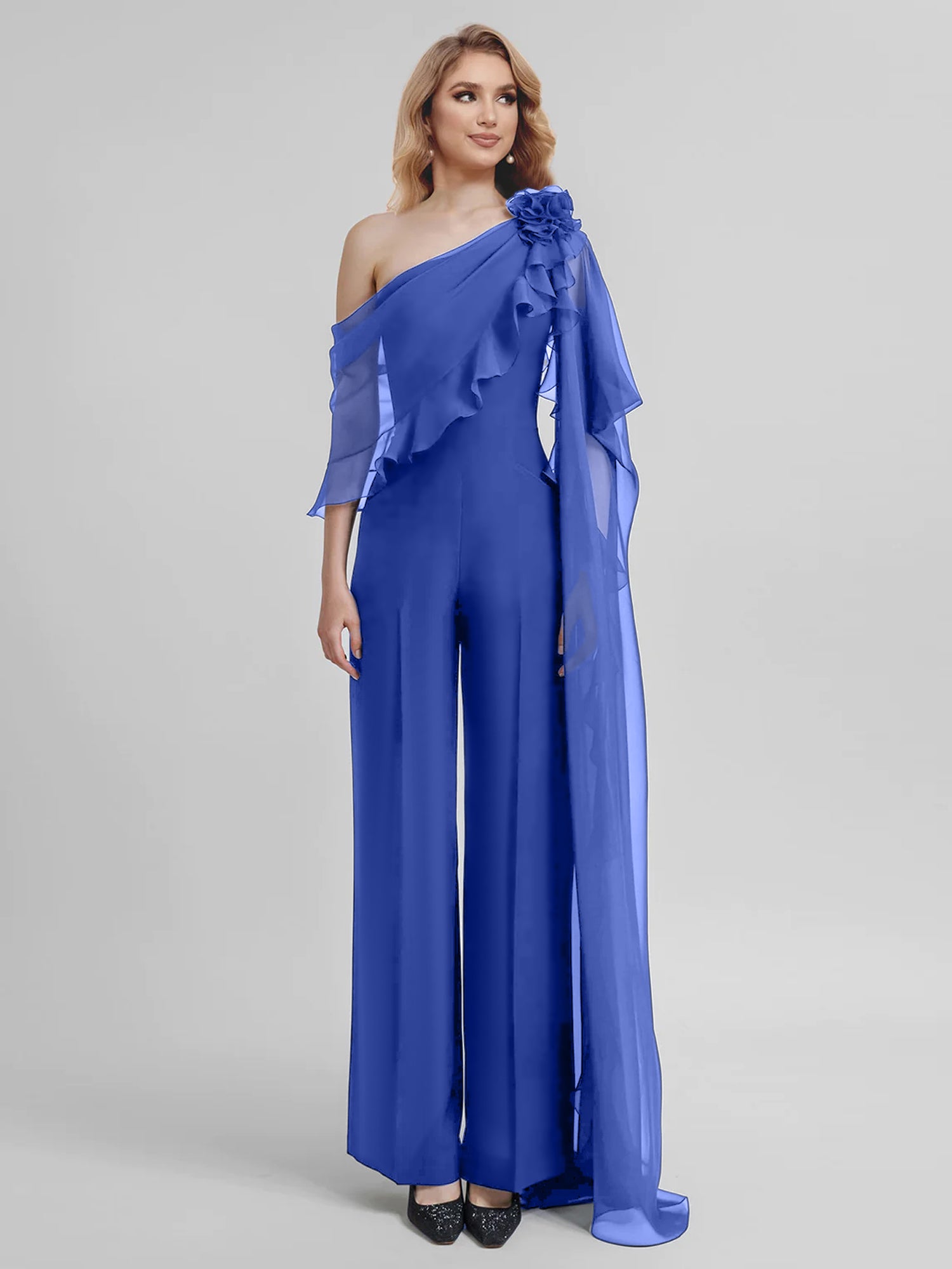 Chiffon One-Shoulder Jumpsuits with Half Sleeves for the Mother of the Bride