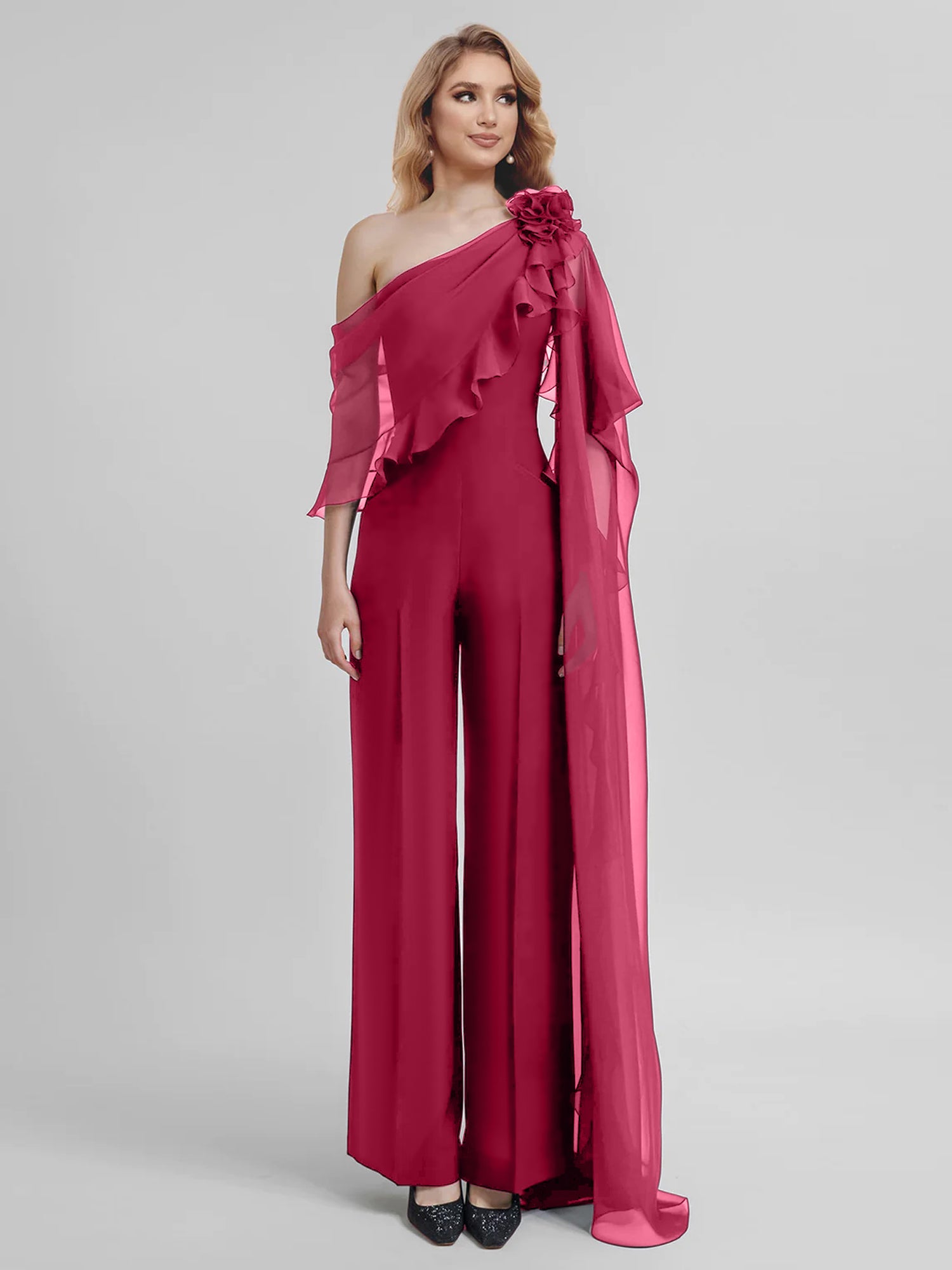Chiffon One-Shoulder Jumpsuits with Half Sleeves for the Mother of the Bride