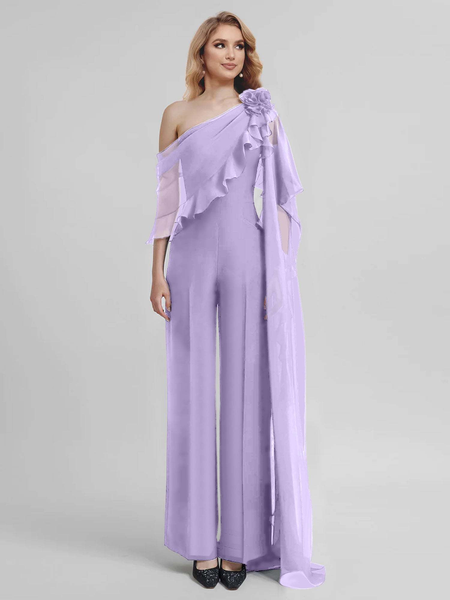 Chiffon One-Shoulder Jumpsuits with Half Sleeves for the Mother of the Bride