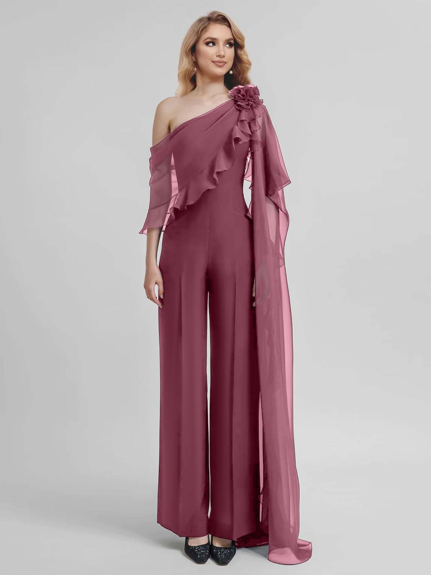 Chiffon One-Shoulder Jumpsuits with Half Sleeves for the Mother of the Bride
