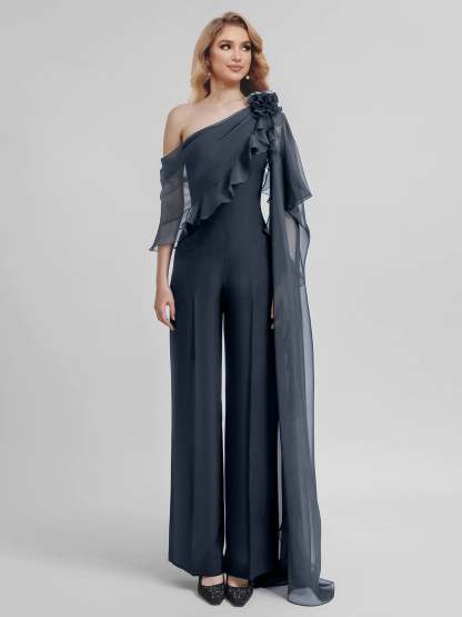 Chiffon One-Shoulder Jumpsuits with Half Sleeves for the Mother of the Bride