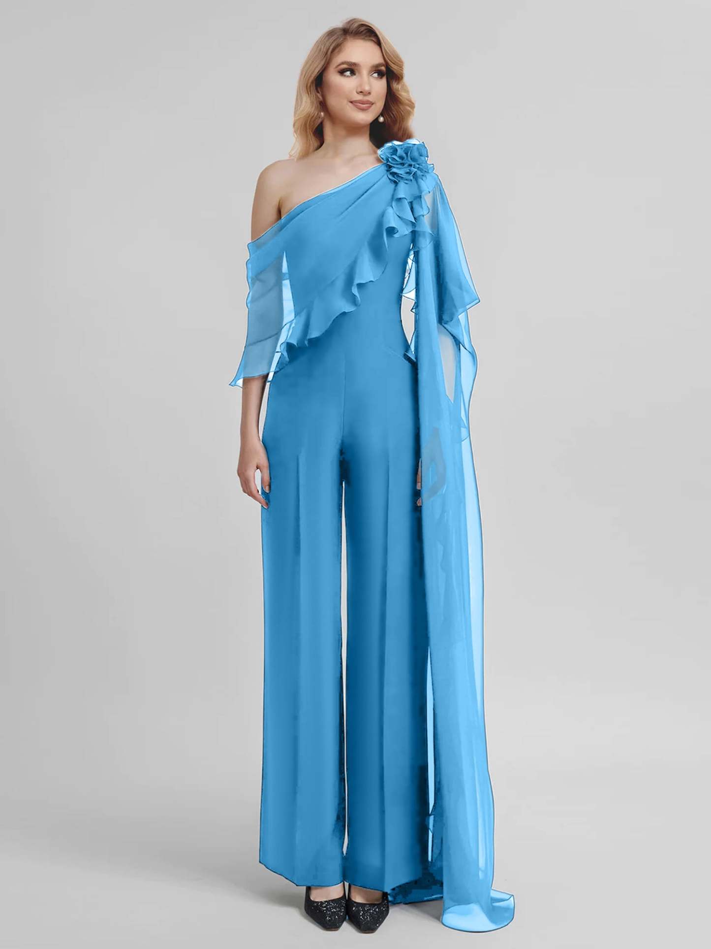 Chiffon One-Shoulder Jumpsuits with Half Sleeves for the Mother of the Bride