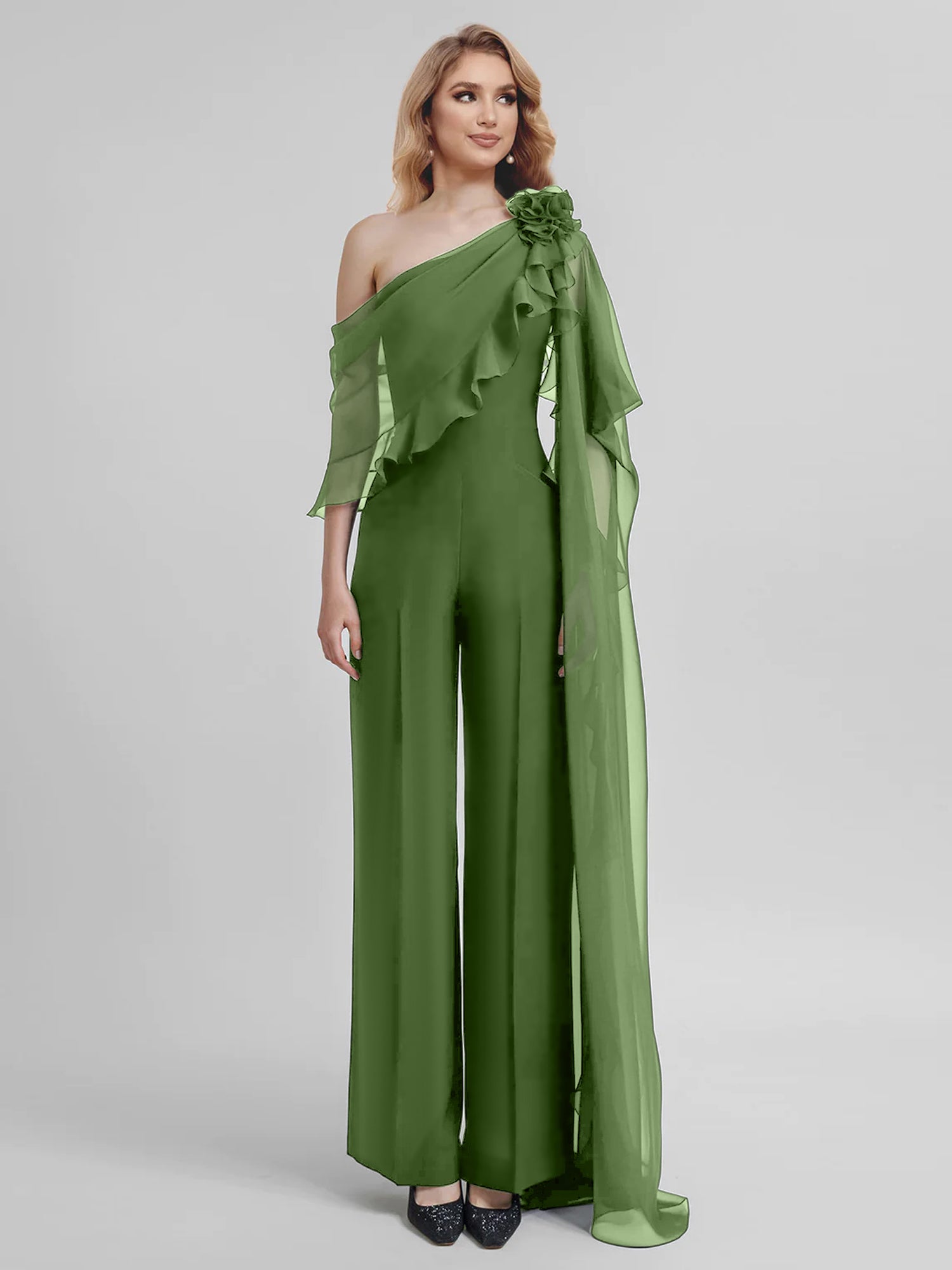 Chiffon One-Shoulder Jumpsuits with Half Sleeves for the Mother of the Bride