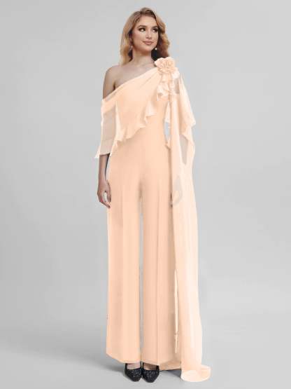 Chiffon One-Shoulder Jumpsuits with Half Sleeves for the Mother of the Bride